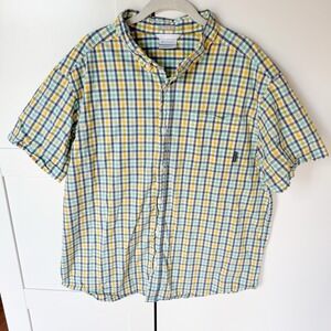 Columbia Men's XL Cotton Lightweight Button‎ Down Gingham Check Green Blue Shirt